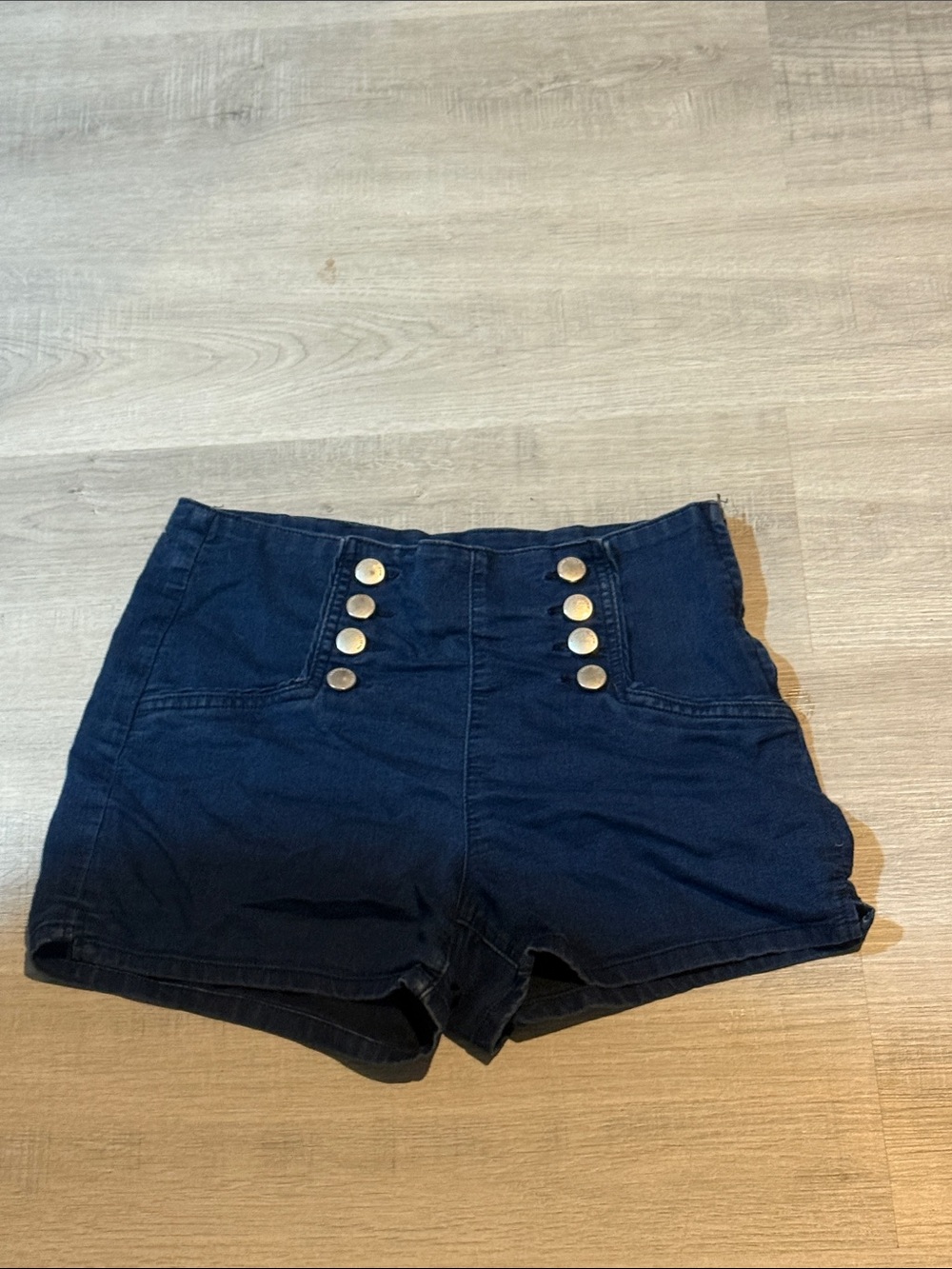 Ardene Navy High-Waist Jean Shorts with Gold Buttons